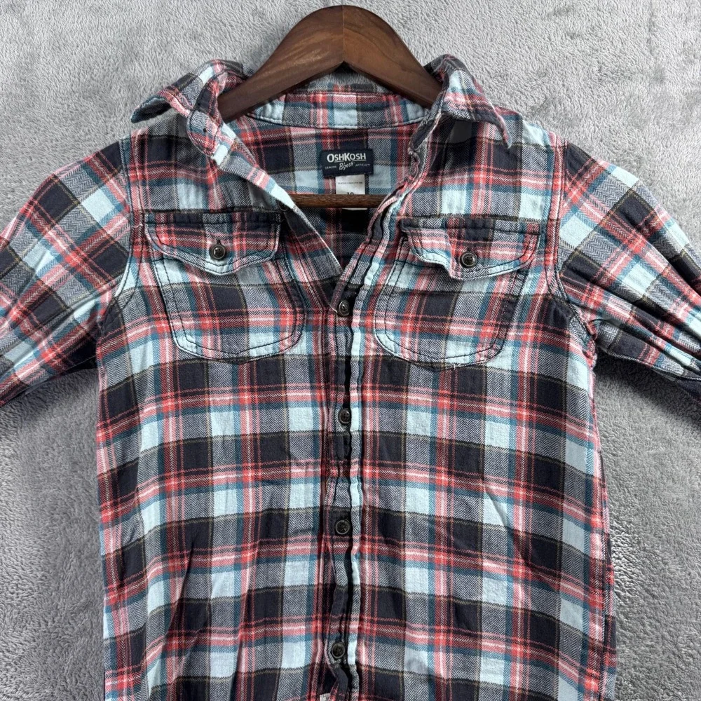 OshKosh Bgosh Boys Flannel Button Up Shirt Size 10 Orange White Plaid Holiday